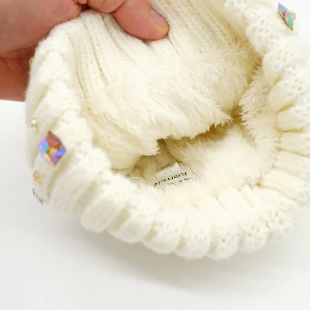 Kensie Girl Women White Cream Cable Knit Rhinestone One Size Sherpa Inside‎